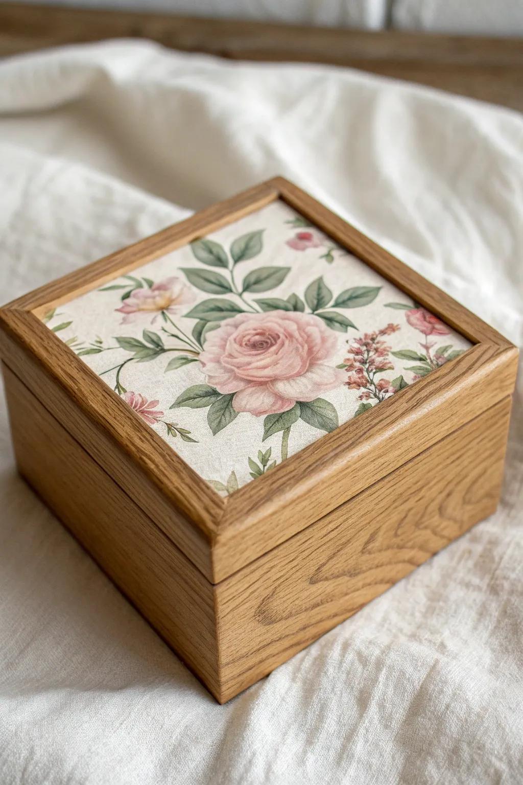 Vintage-style floral decoupage topper on a smooth satin-finished wooden keepsake box lid