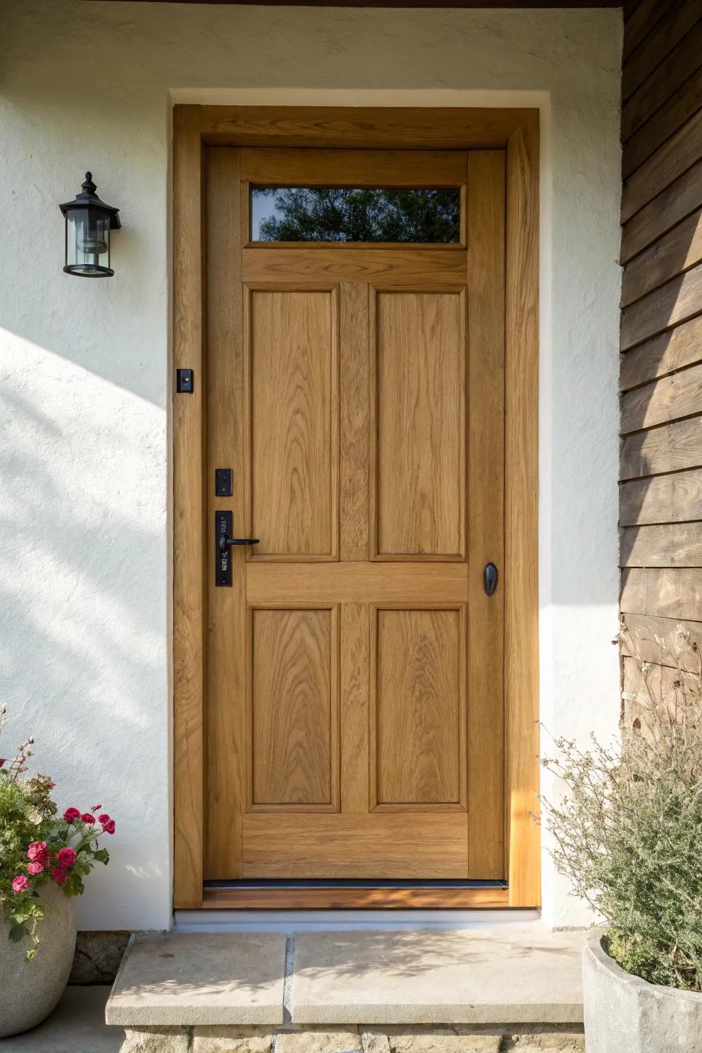 Timeless raised-panel oak door with a clear finish—minimal, warm, and beautifully crafted.