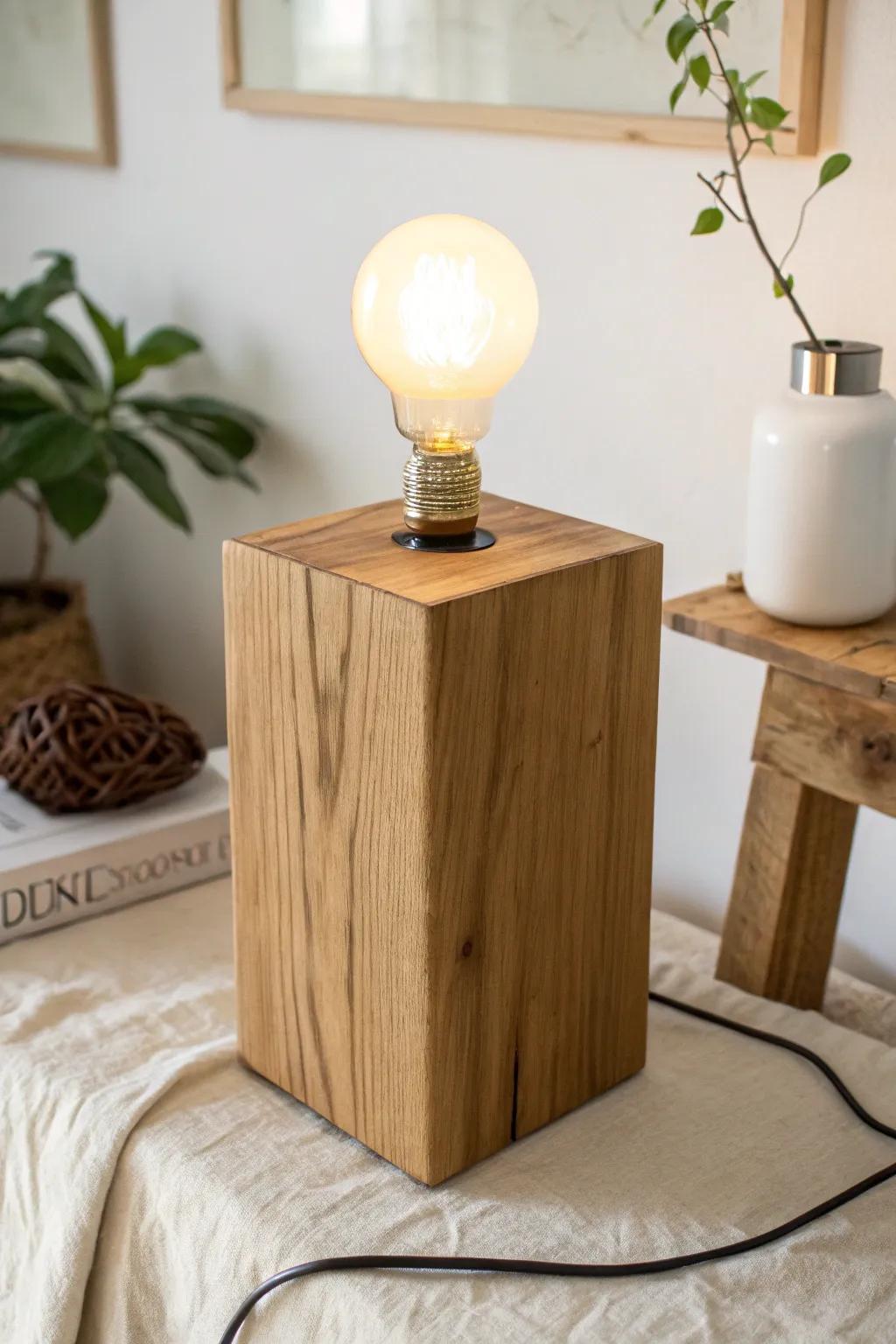 Minimalist oak block lamp—matte finish, soft glow, and grain-forward Scandinavian calm.