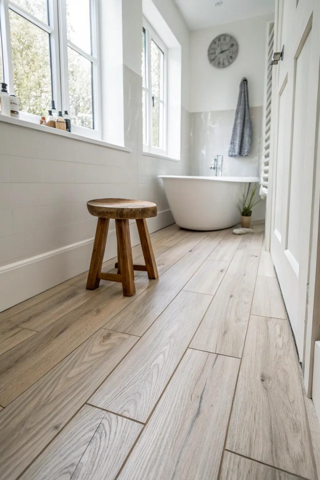 Classic straight-run wood-look tile planks make small bathrooms feel airy and timeless.