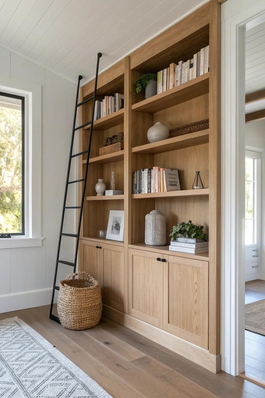 Floor-to-ceiling oak panel library wall for a calm, custom office—minimal, warm, timeless.