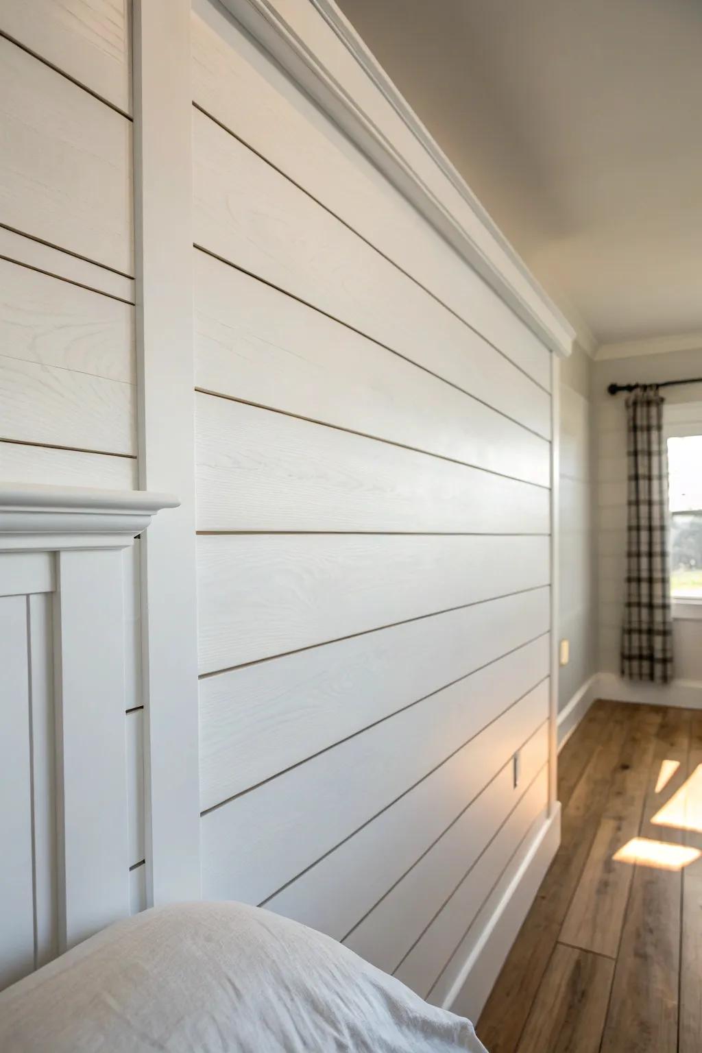 Classic white shiplap behind the bed—clean lines for an instant built-in farmhouse upgrade.