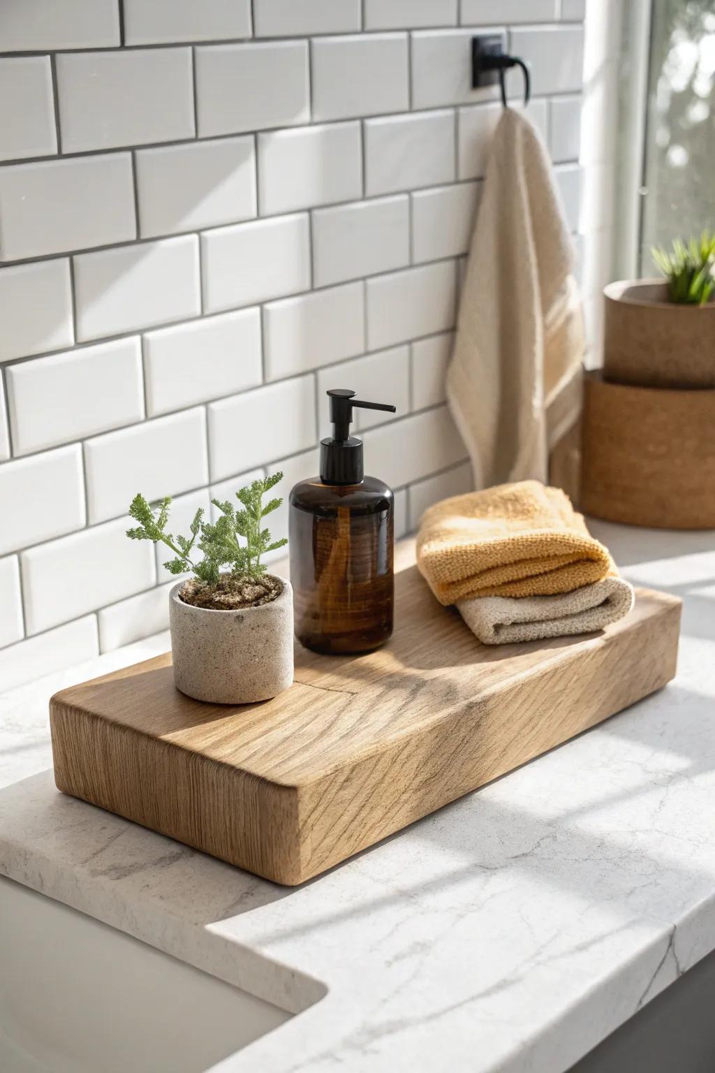 A chunky wood riser instantly layers your sink essentials into a calm, styled countertop vignette.