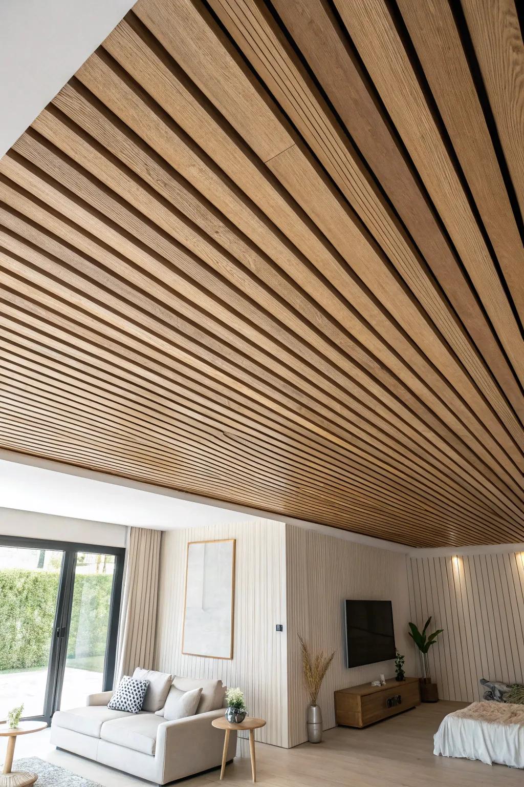 Wall-to-wall straight wood slats that wrap the room in calm, crafted texture.