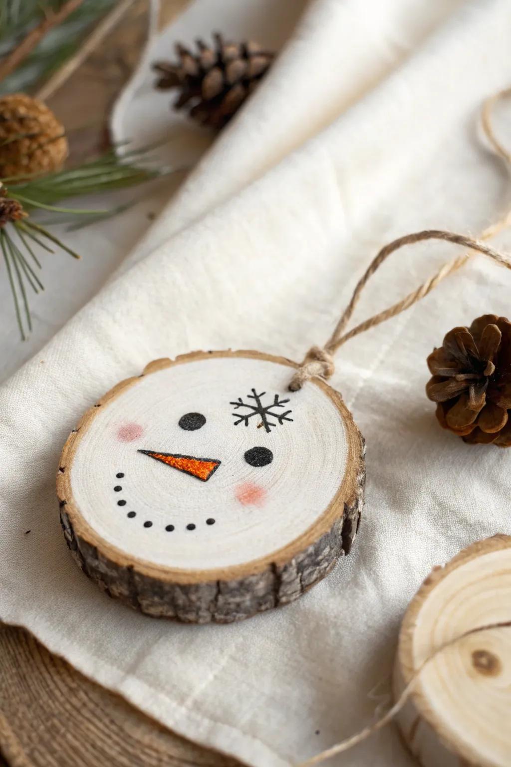 Painted snowman face on a rustic wood slice—simple, cozy, and perfectly handmade.
