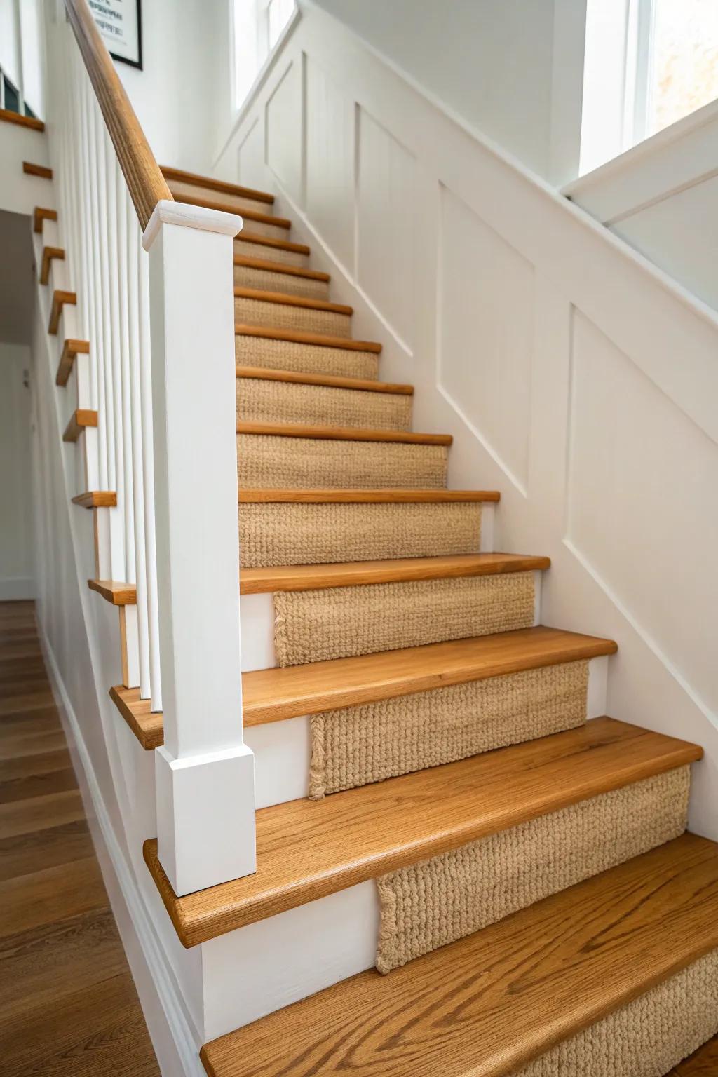 Classic oak treads with crisp white risers—timeless contrast that makes the wood grain shine.