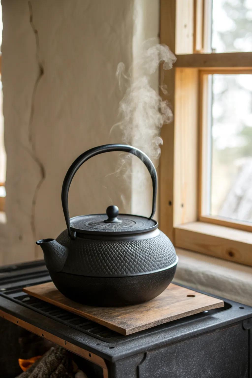 A classic cast iron kettle steamer—simple, rustic, and beautiful for stove-top humidity.