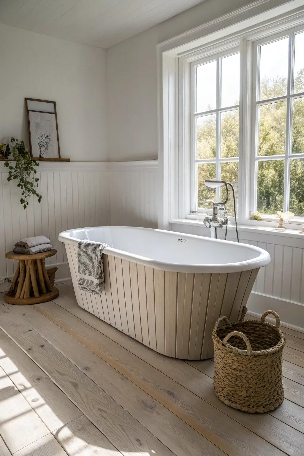 Classic shiplap tub apron in soft warm white—clean lines, cozy texture, timeless calm.