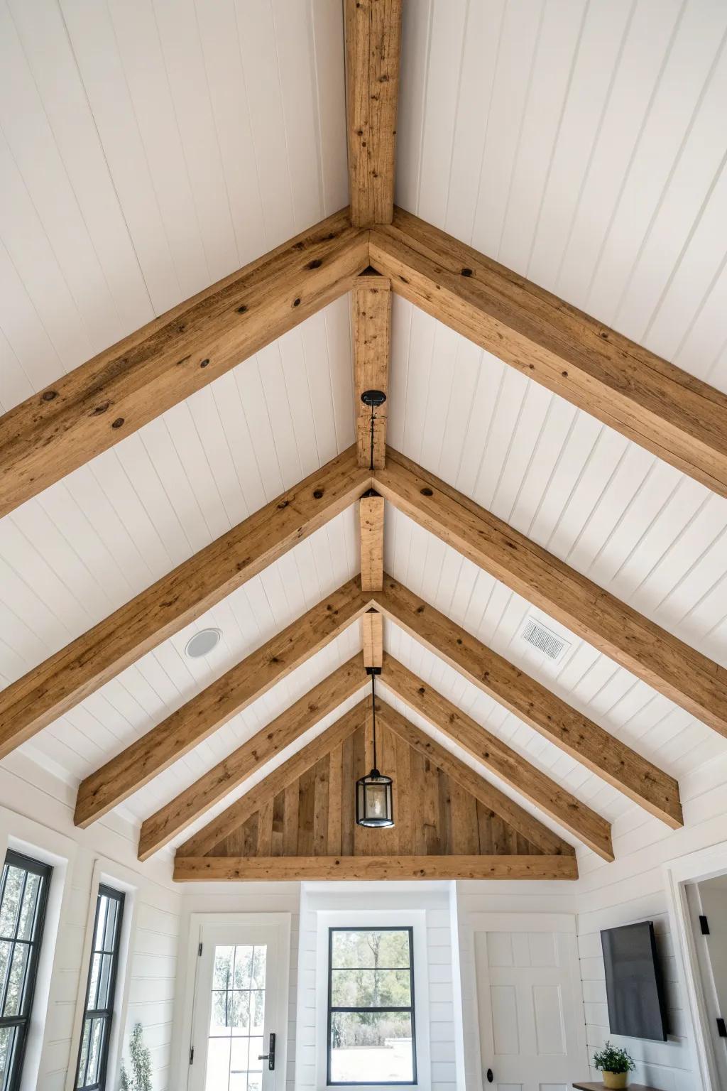 A single reclaimed ridge beam adds instant cabin-meets-farmhouse charm to a vaulted ceiling.