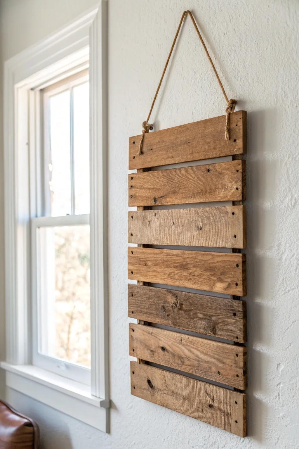 Reclaimed pallet plank wall sign with a simple stain blend—dents, saw marks, cozy minimal charm.