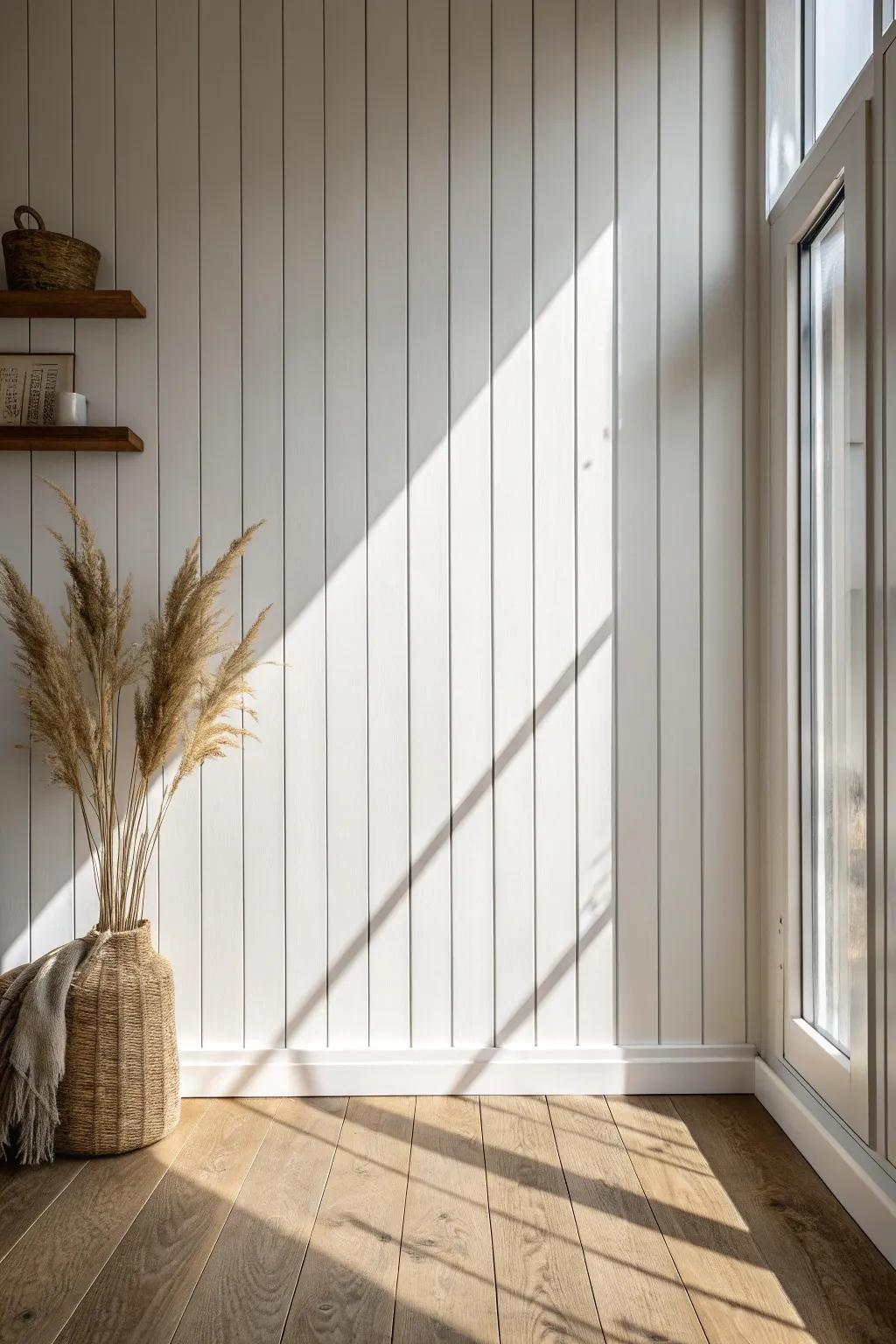 Vertical shiplap adds height and farmhouse calm—painted one tone so shadow lines shine.