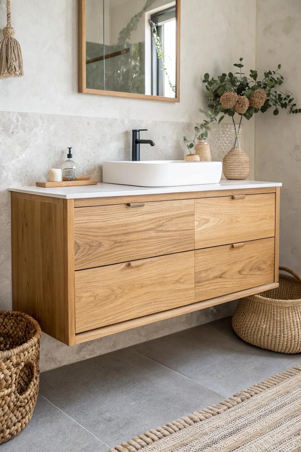A floating white-oak vanity that keeps the bathroom airy, warm, and effortless to clean.