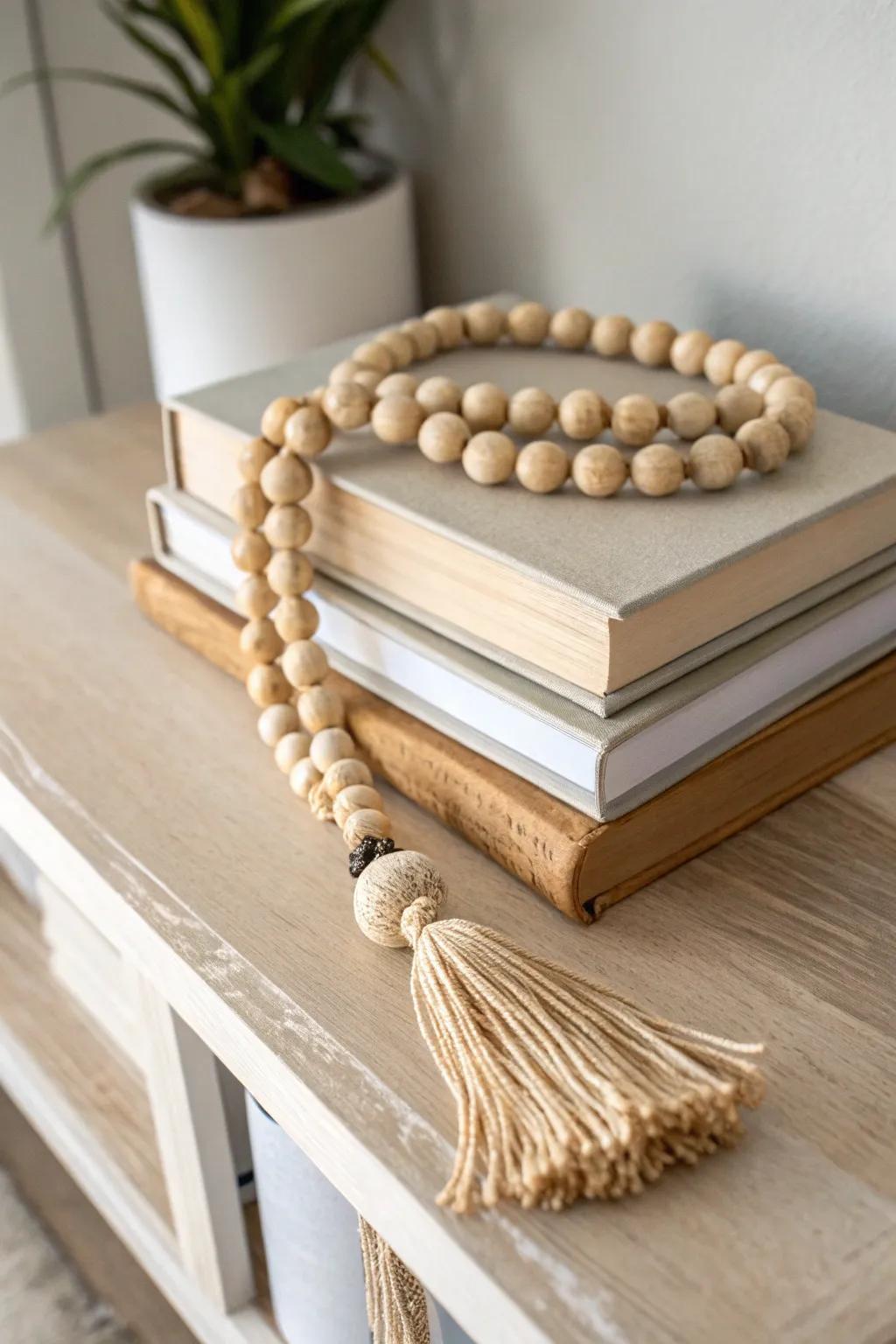 Wooden beads + jute tassel draped over thrifted hardcovers for effortless, layered shelf styling.