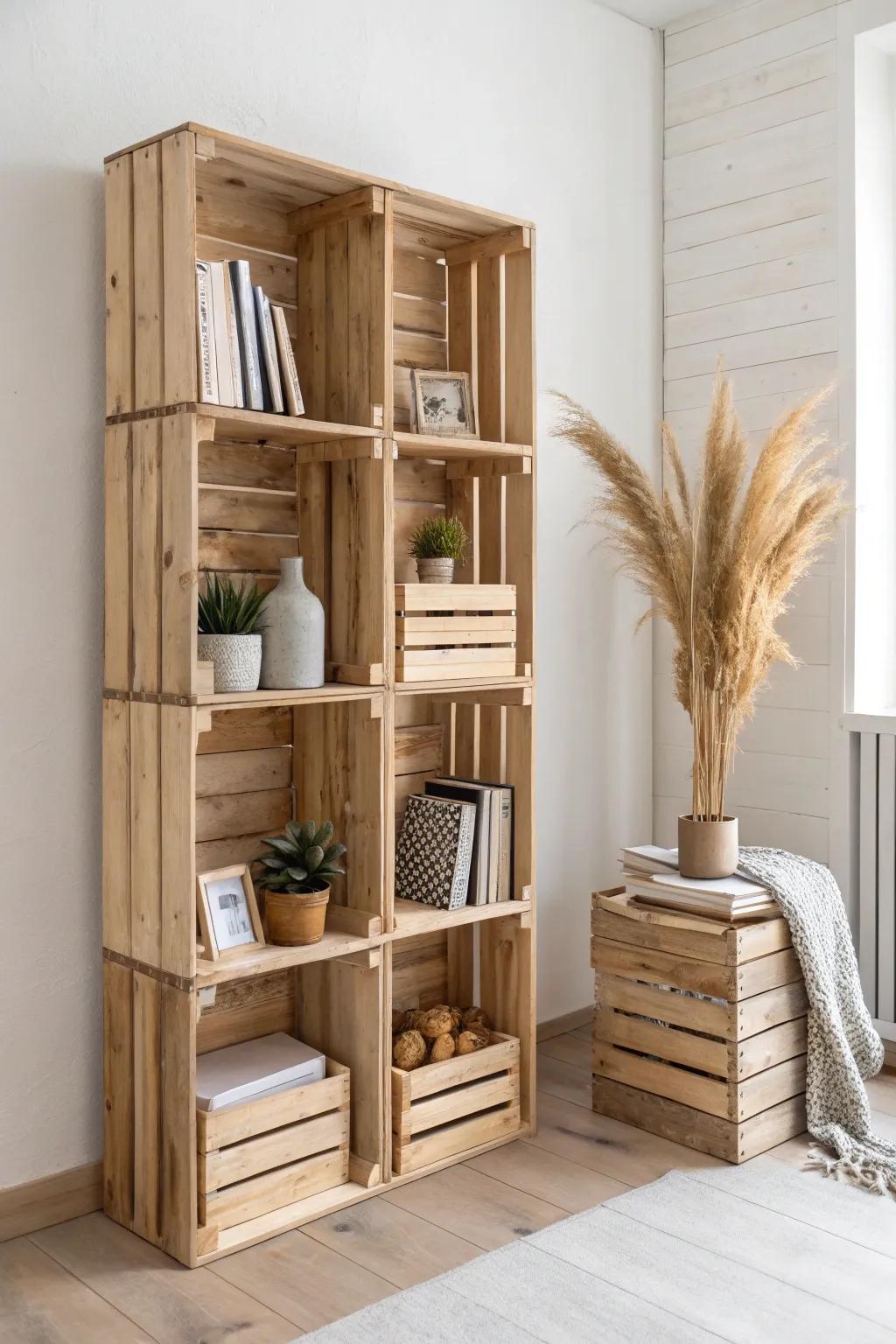 Stacked wooden crates turned sideways create a flexible, minimalist bookshelf wall with warmth.