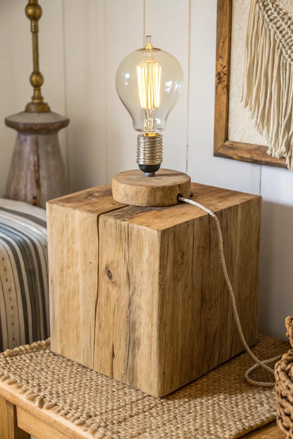 Chunky wood block lamp with an Edison bulb—minimal, warm, and handcrafted charm.