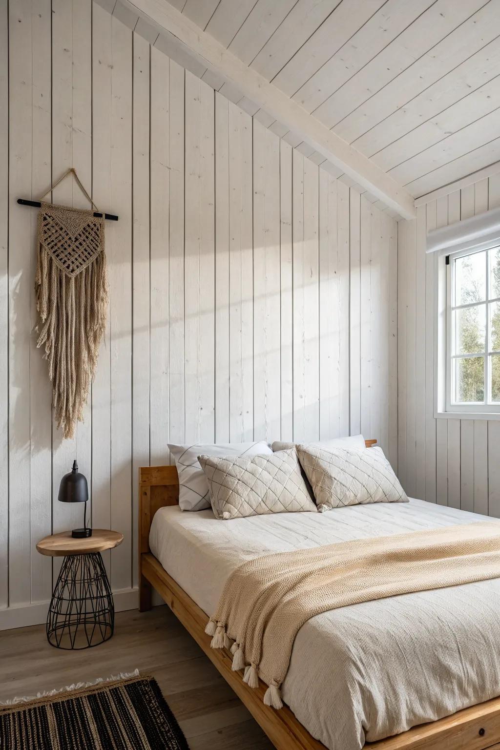 Classic whitewashed shiplap behind the bed—clean lines, cozy warmth, and effortless style.