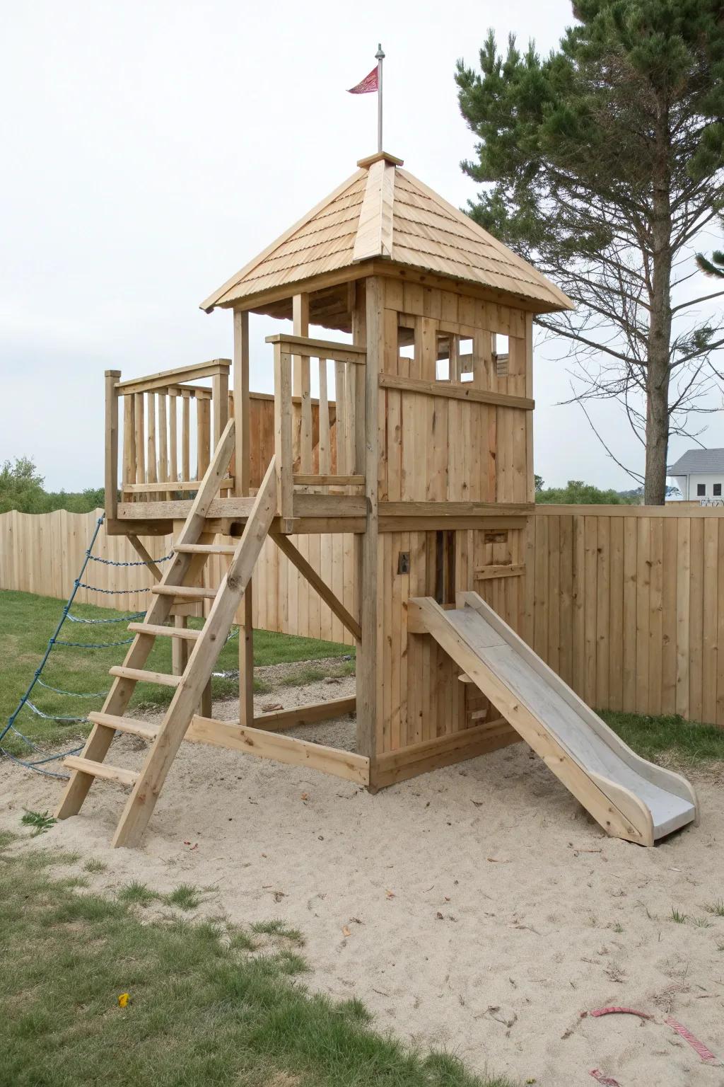Classic wooden fort tower with roof and slide—clean lines, sturdy rails, timeless backyard fun.