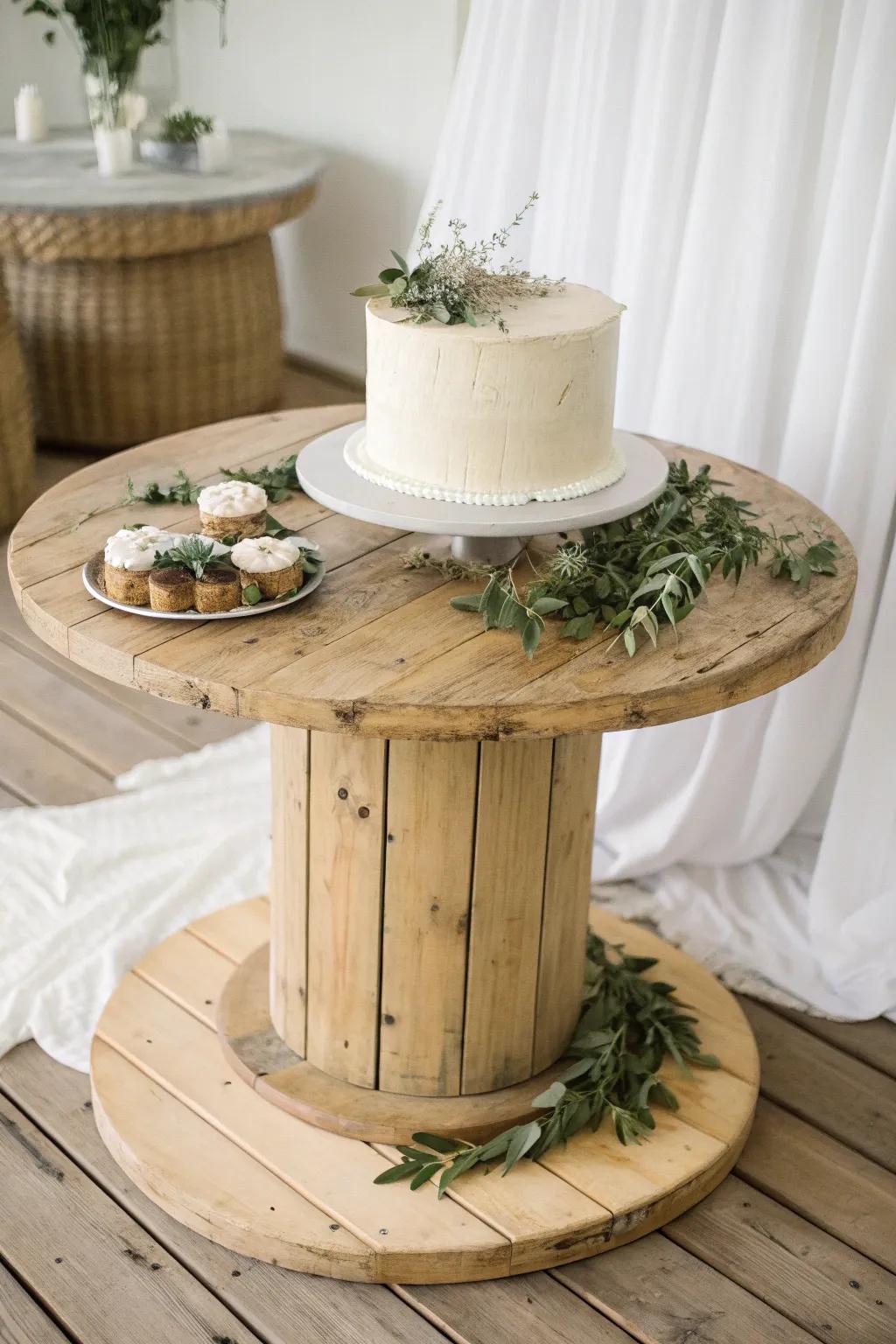 A sanded wooden spool cake table with linen and greenery—rustic, minimal, wedding-ready.
