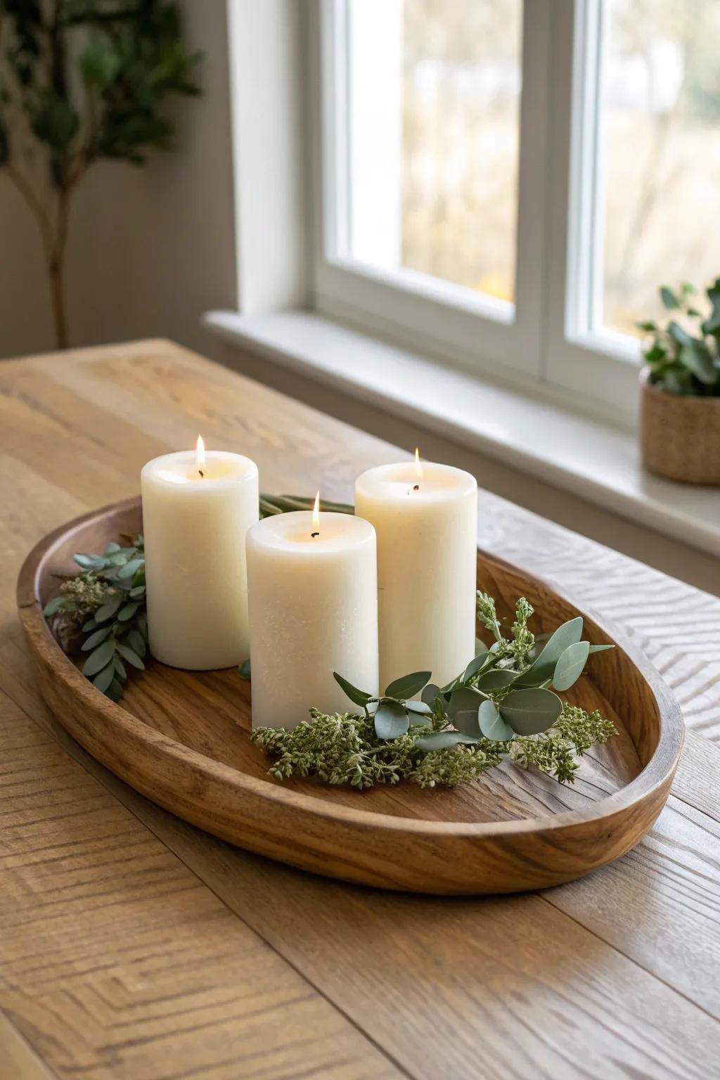 Classic candle cluster in a wooden tray—mixed heights with soft greenery for timeless warmth.