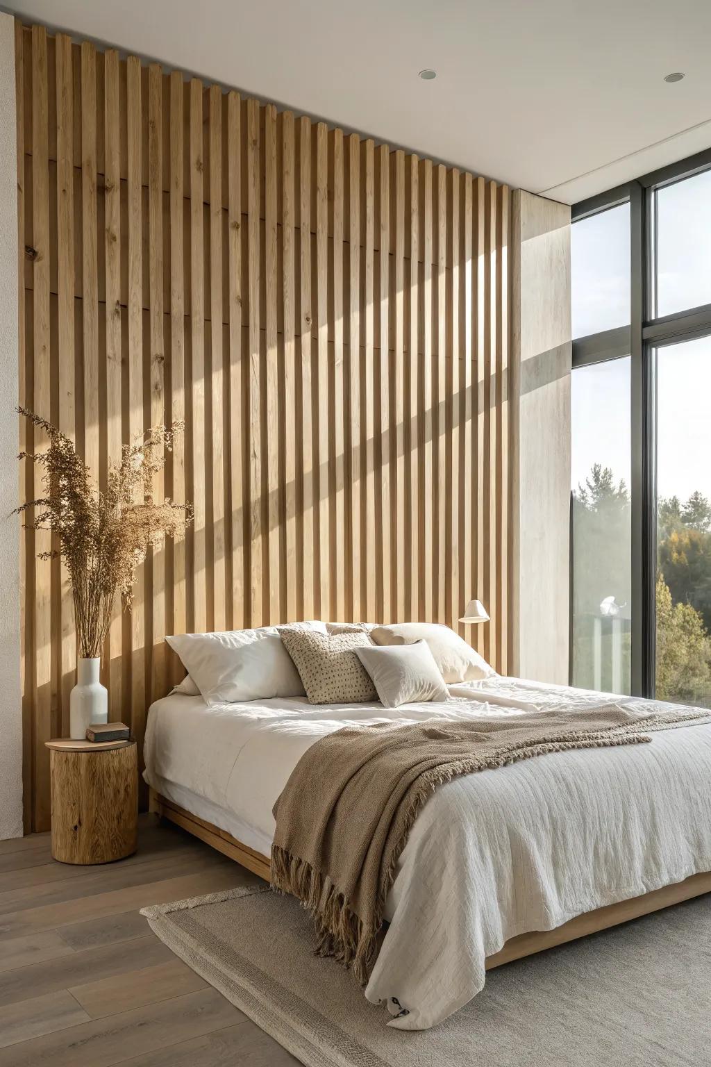 Vertical oak slat headboard wall that lifts the room—pair with neutral linens for calm contrast.