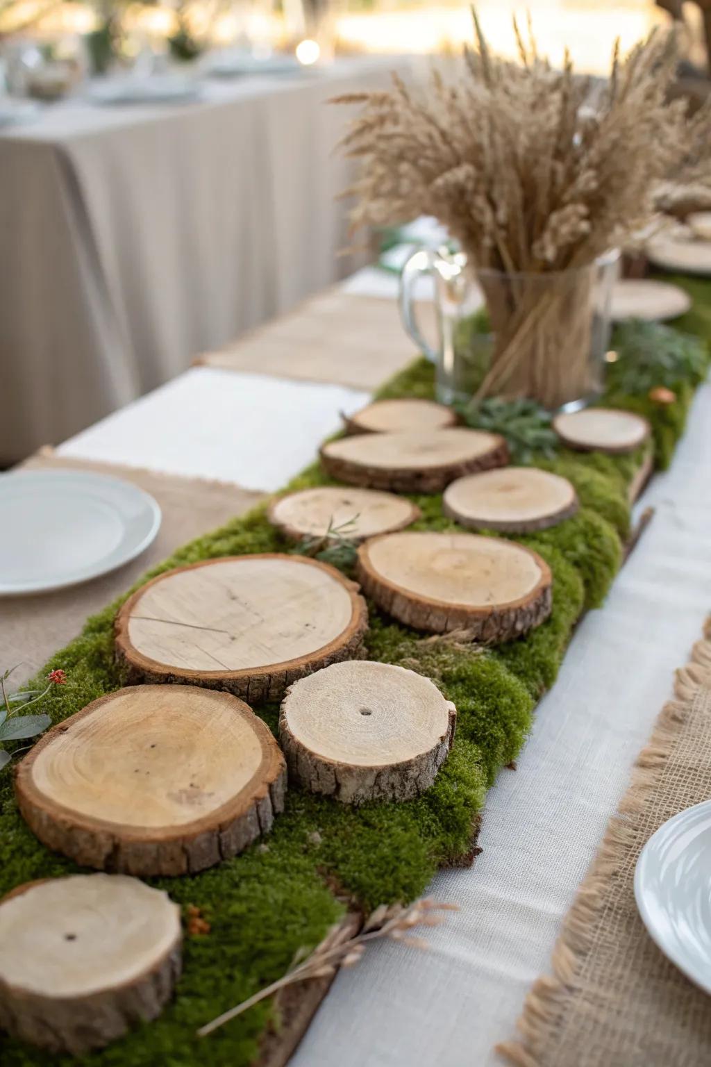 Preserved moss runner with birch wood slices for an instant forest-floor tablescape.