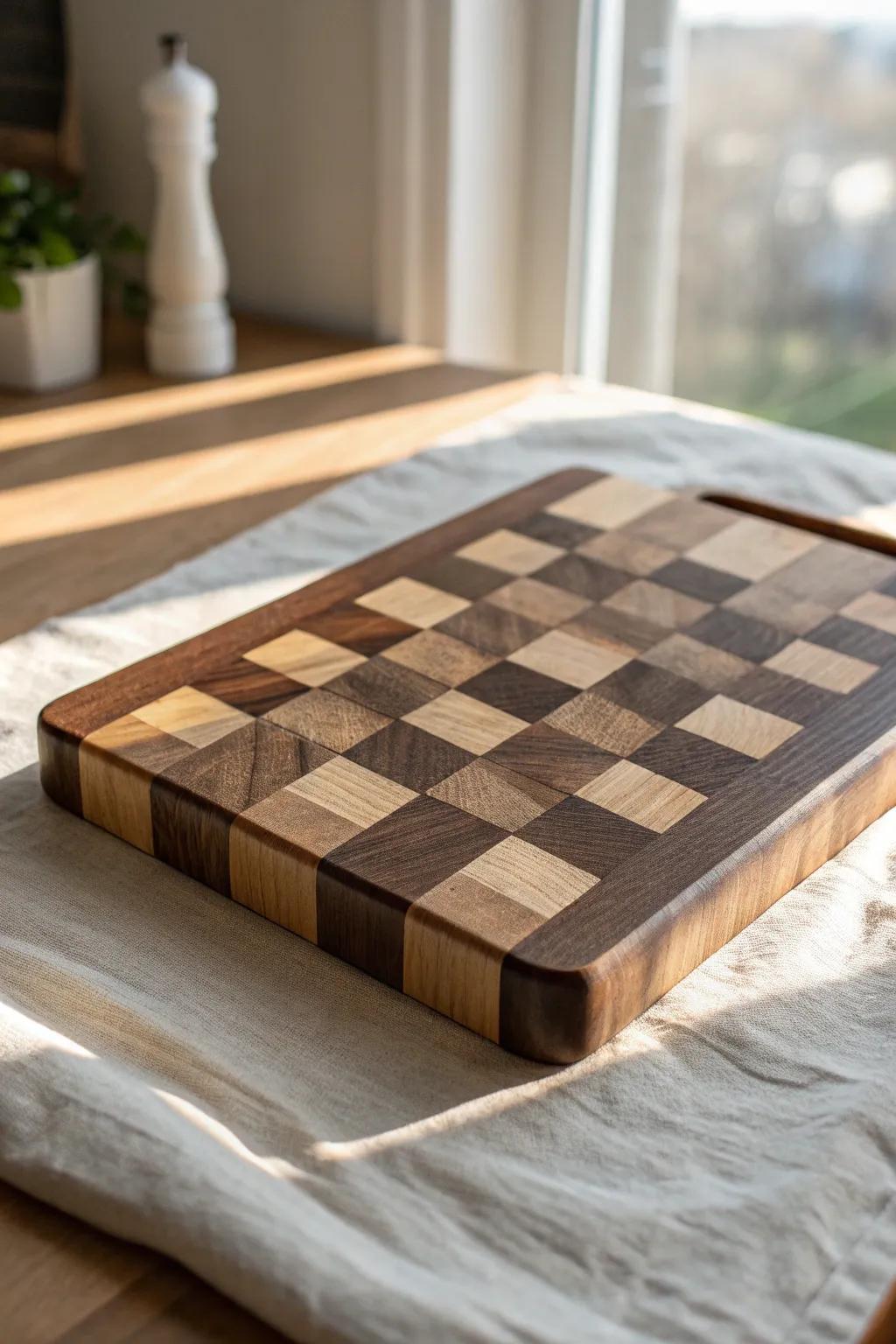 Heirloom end‑grain cutting board—oiled hardwood blocks glowing, sanded silky-smooth.