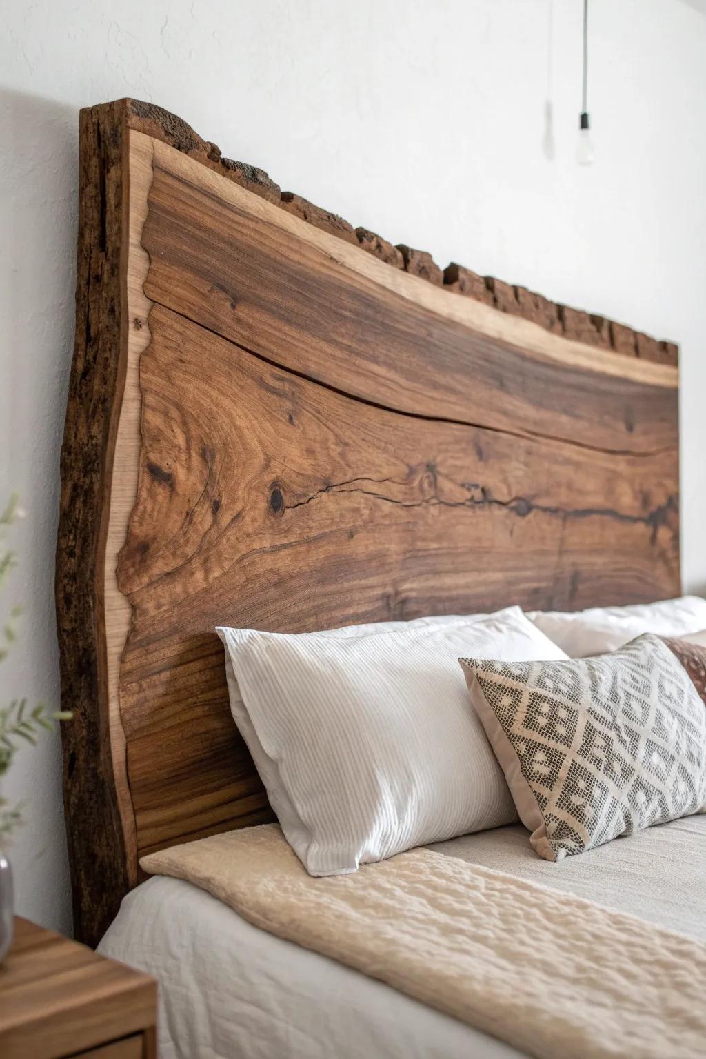 Matte-sealed live-edge headboard: raw grain, soft linens, and calm Scandinavian-boho warmth.