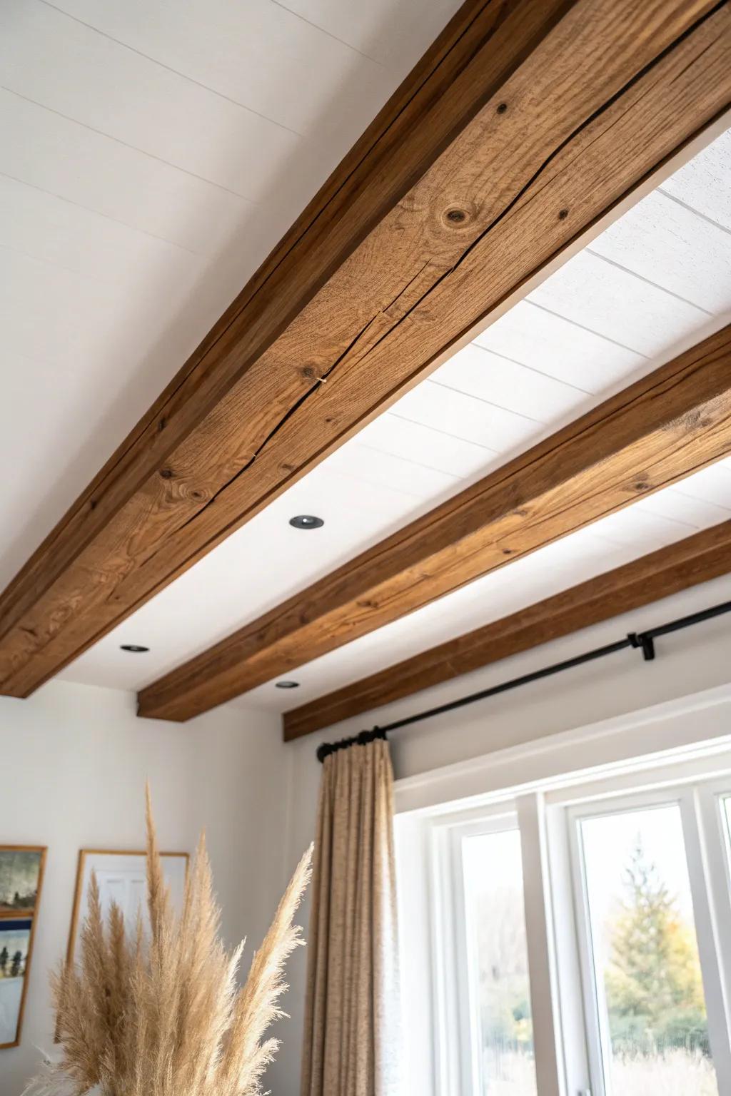 Instant cabin charm: a stained faux ceiling beam that warms up any plain room—fast.