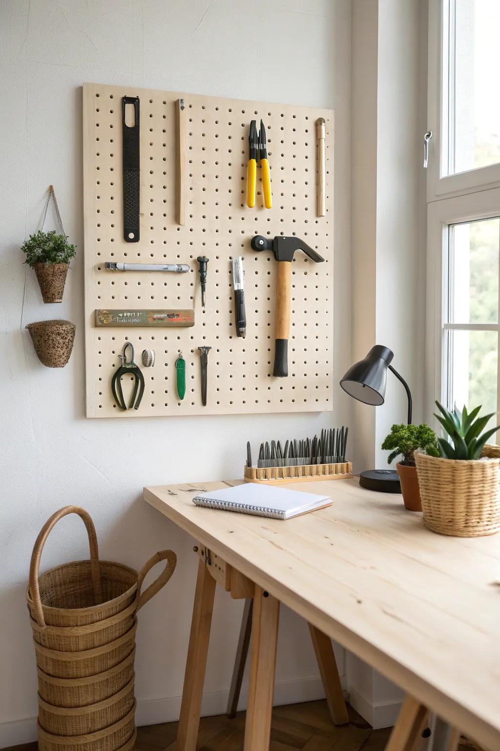 A Scandinavian pegboard tool wall: most-used hand tools at eye level, zero clutter stress.
