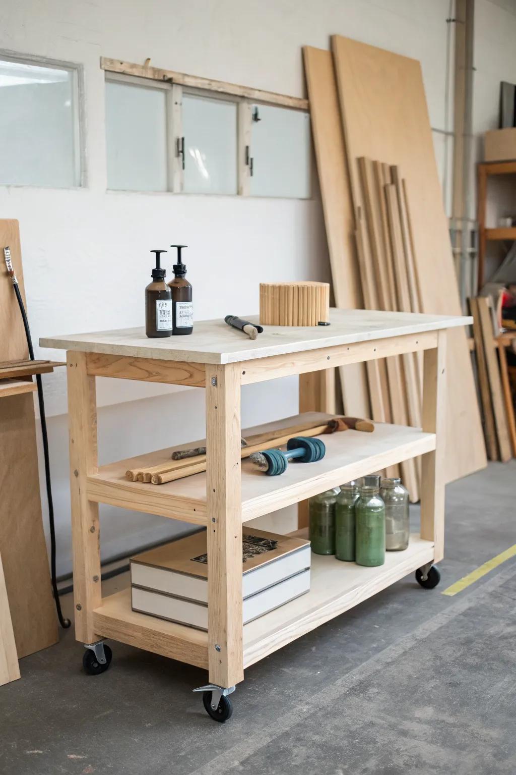 A single rolling cart turns your workshop into clear cutting, assembly, and finishing zones.
