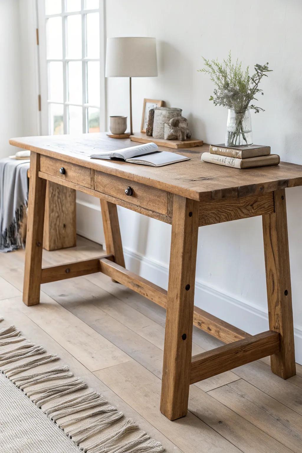A grounded classic: solid-wood desktop on trestle legs, warm grain and timeless craft.