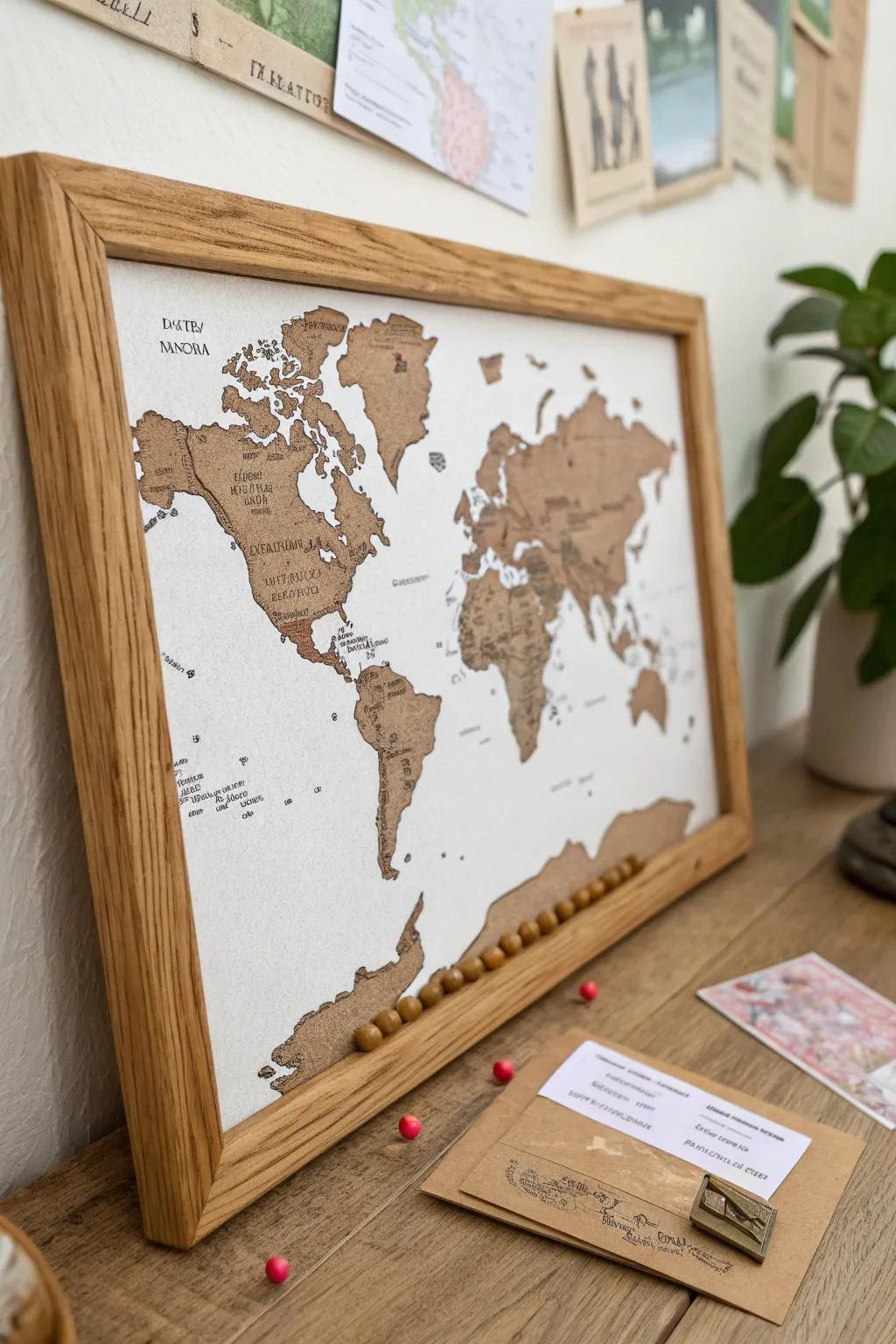 Classic cork world map in an oak frame—pin your travels and swap date tags anytime.