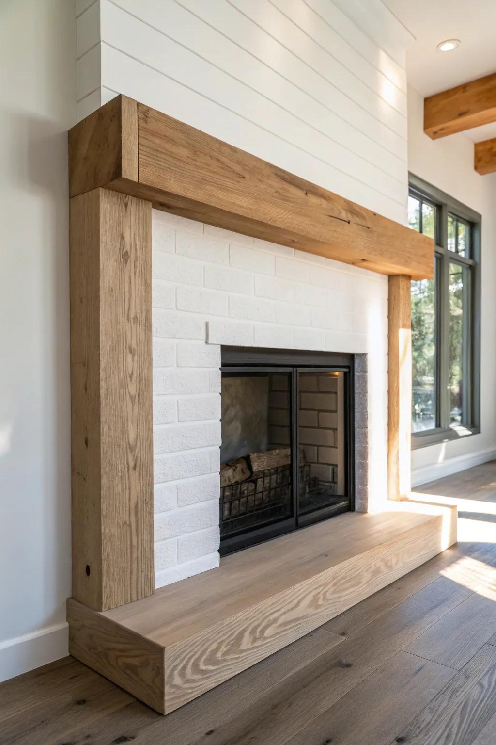Chunky box-beam wrap mantel: big timber look, light oak grain, crisp corners, airy minimal style.