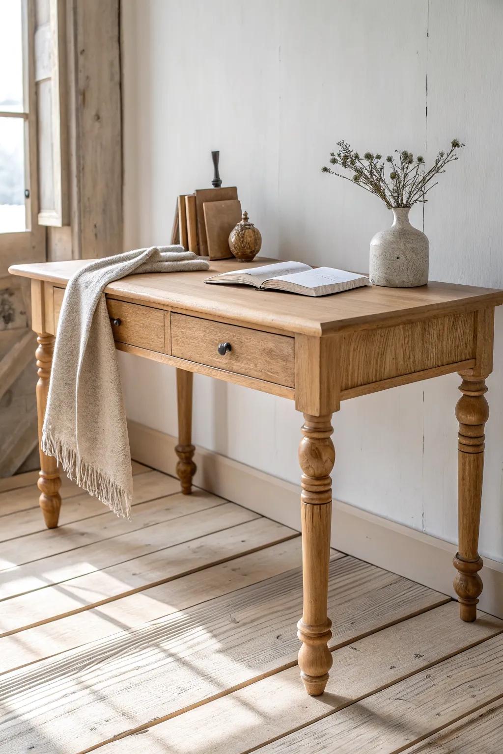 Classic farmhouse writing desk with turned legs, warm oil finish, and a soft linen runner.