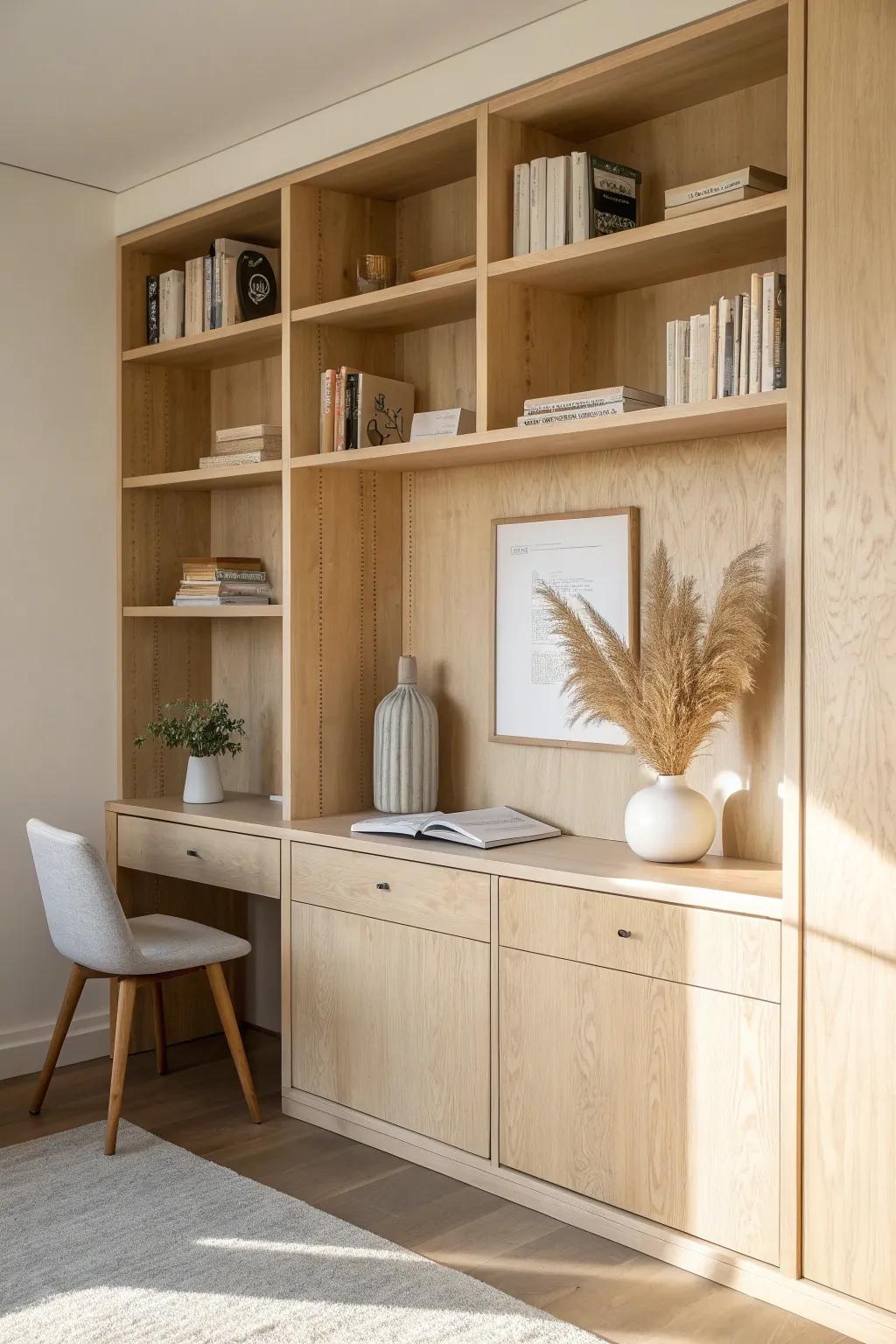 Library-office built-ins: a birch plywood bookcase wall with a calm, tucked-in writing desk.