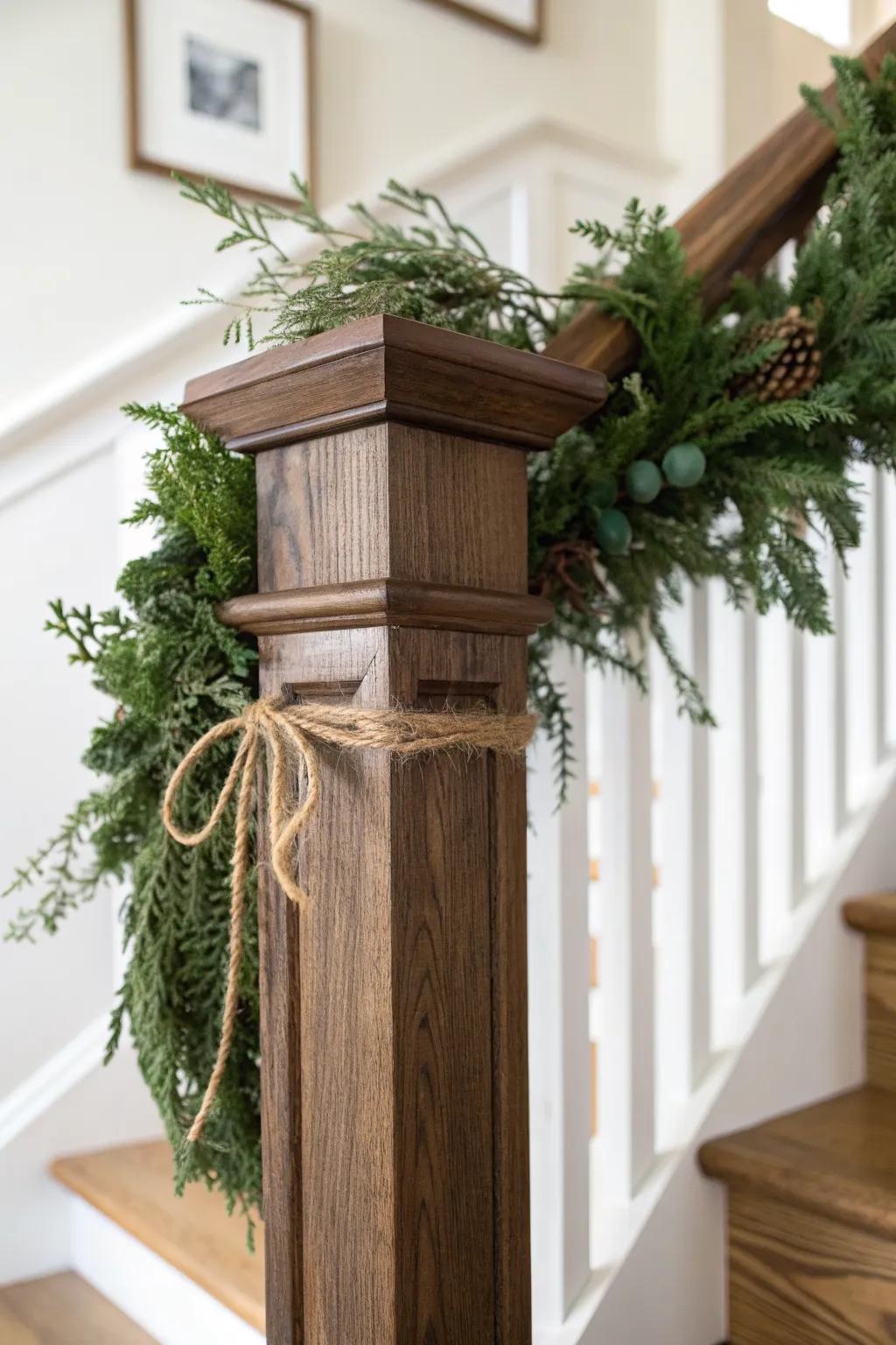 Classic greenery and jute twine turns a wooden banister into timeless, year‑round charm.