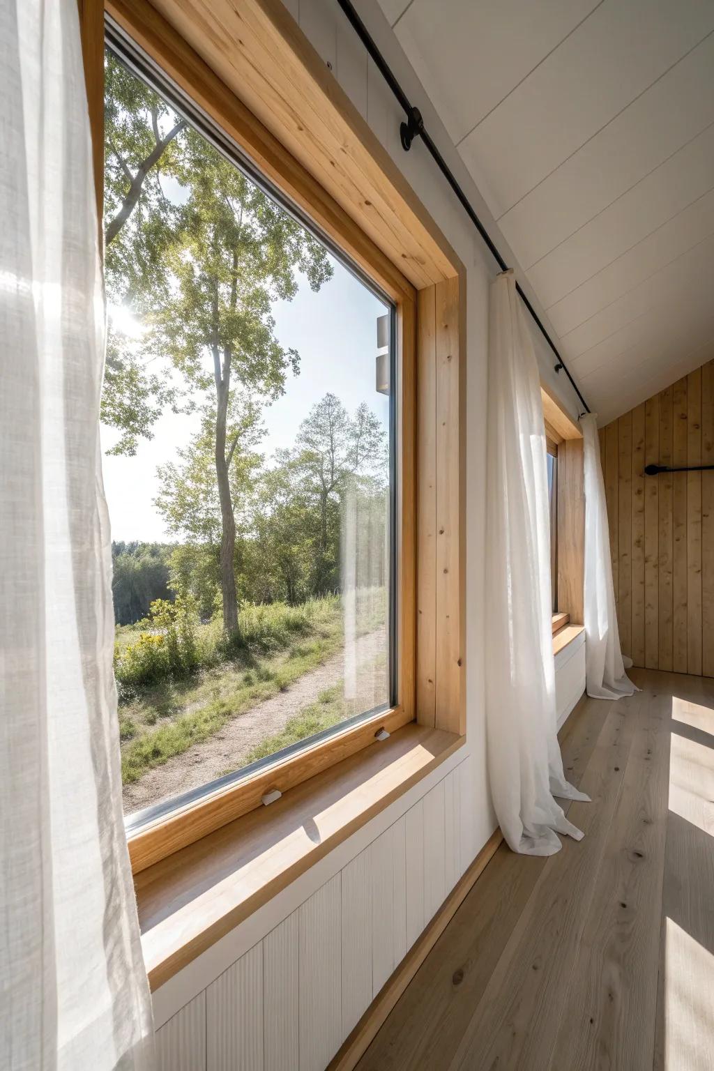 Oversized windows + clean wood casings make a 12x32 tiny house feel wide and sunlit.