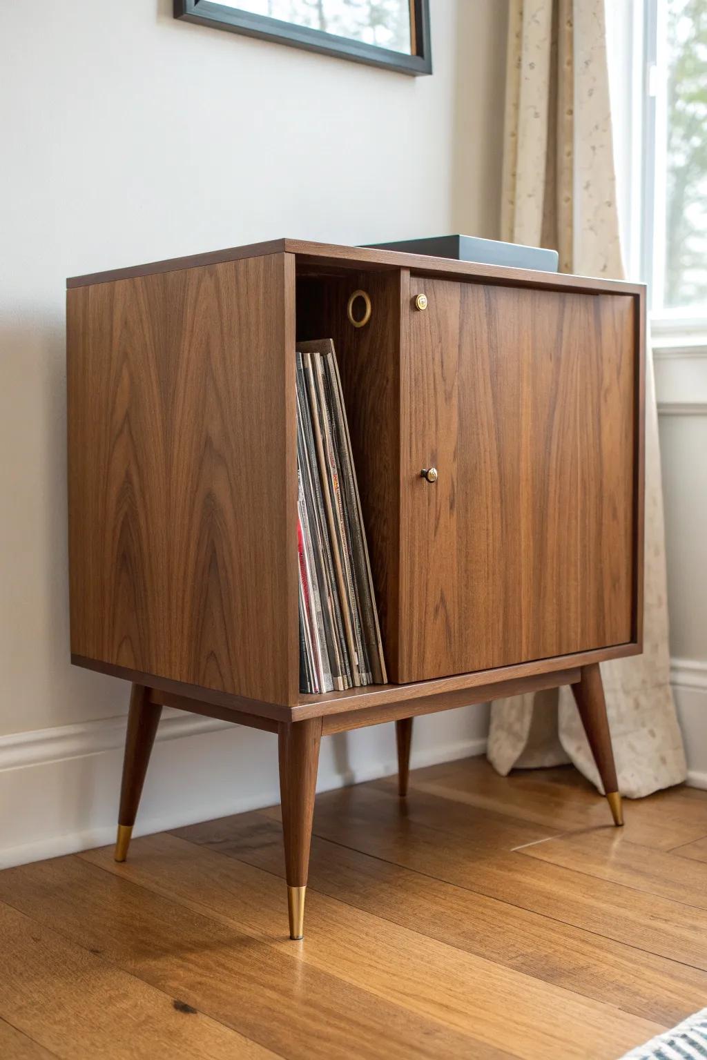 Mid-century tapered legs turn a simple record cabinet into warm, vintage-worthy furniture.