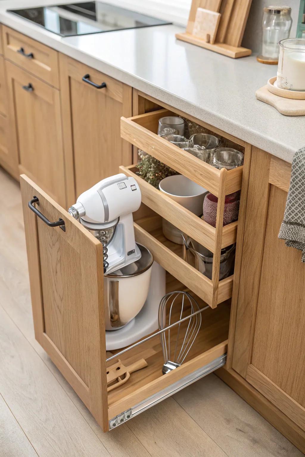 A 9-inch side pull-out with divider grid keeps mixer parts, blades, and cords perfectly tidy.