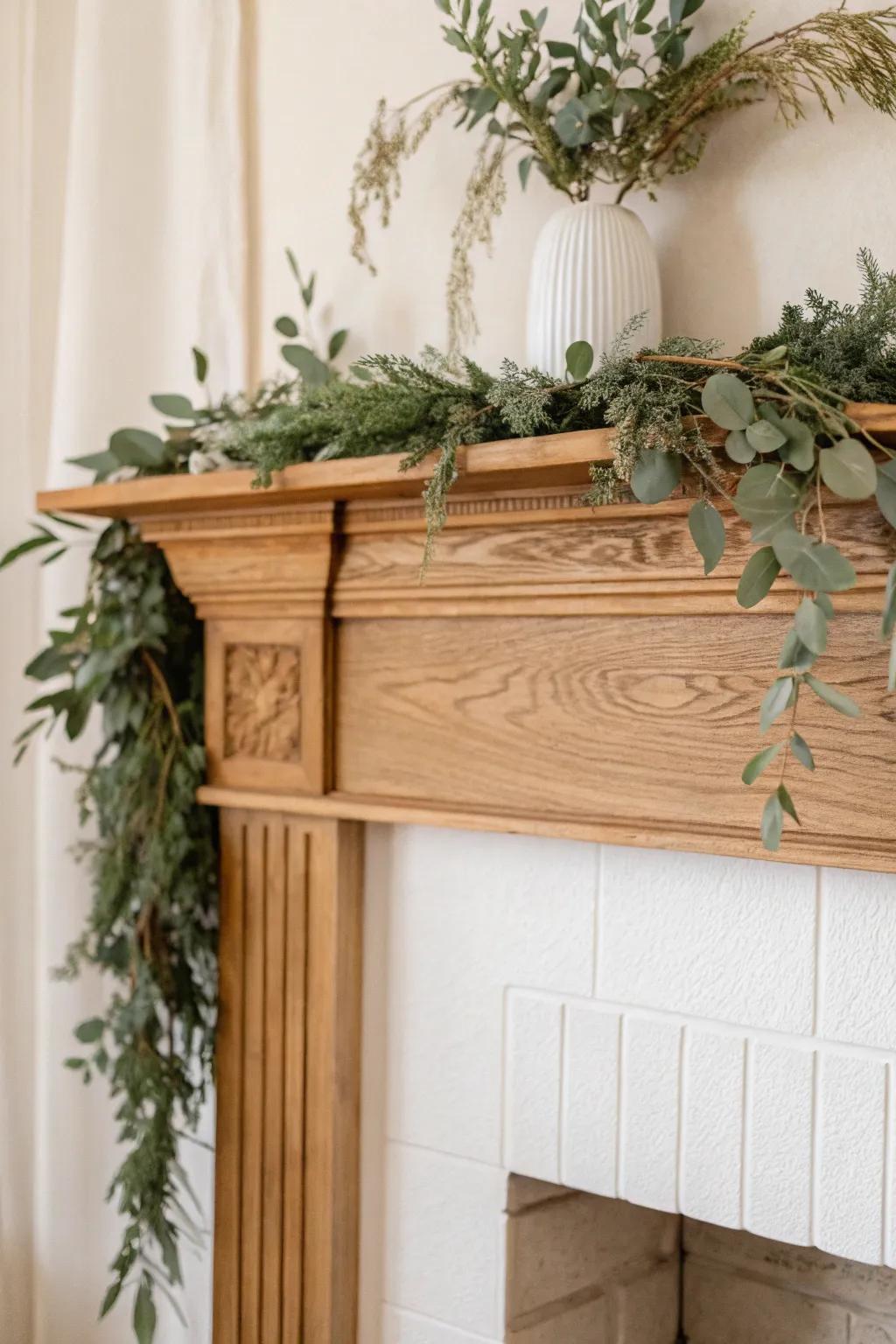 An airy eucalyptus garland draped over the mantel adds softness and a lived-in feel.