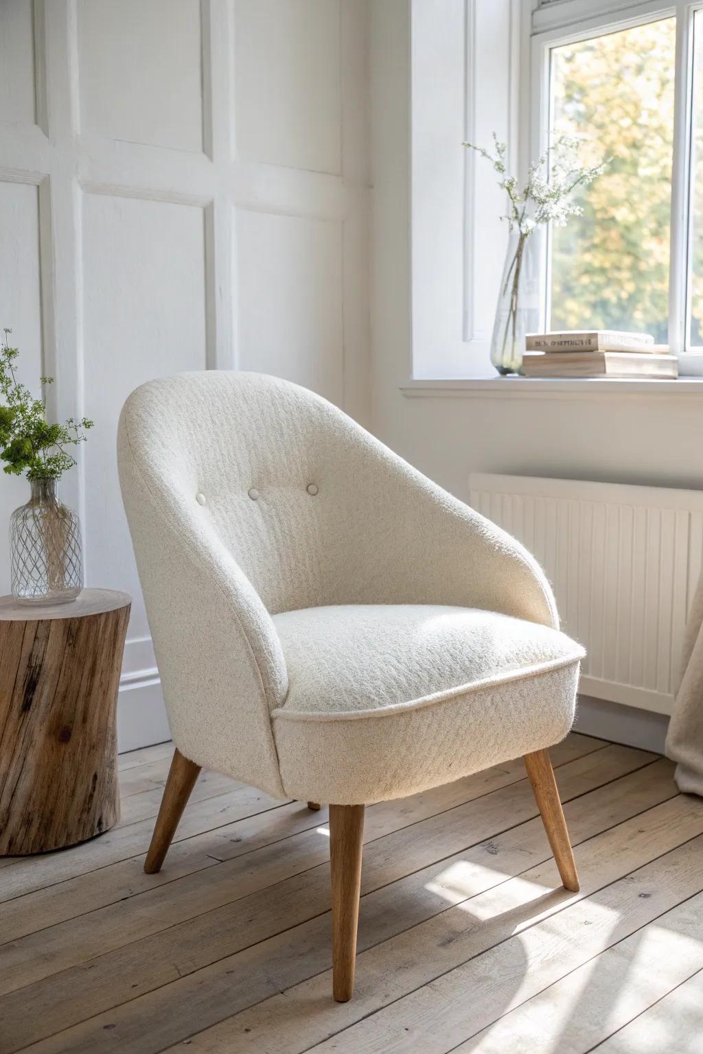Cream-on-cream accent chair with raw oak legs—serene, textured, and effortlessly airy.