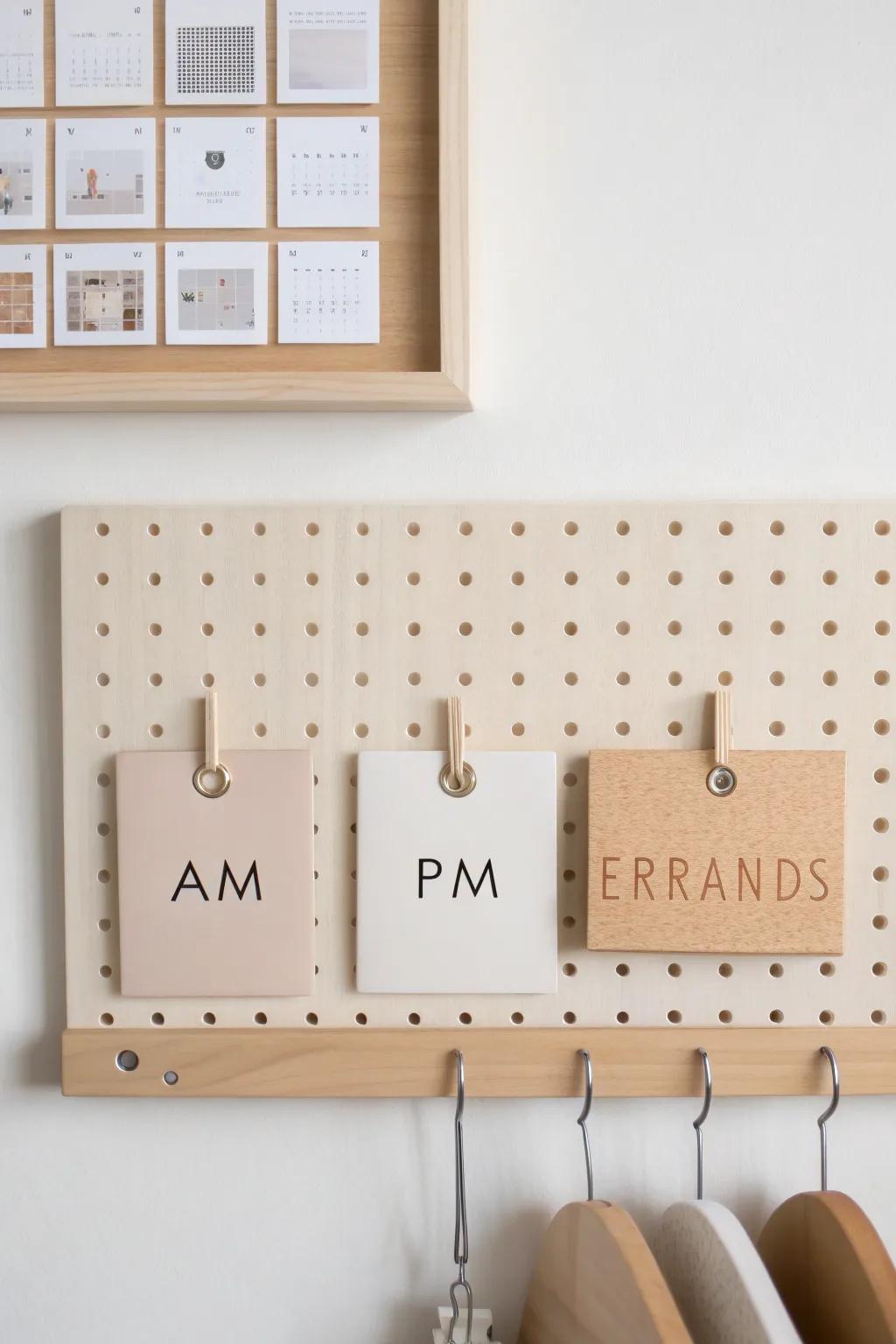 A calm pegboard calendar corner—neutral cards, labeled hooks, and handcrafted wood warmth.