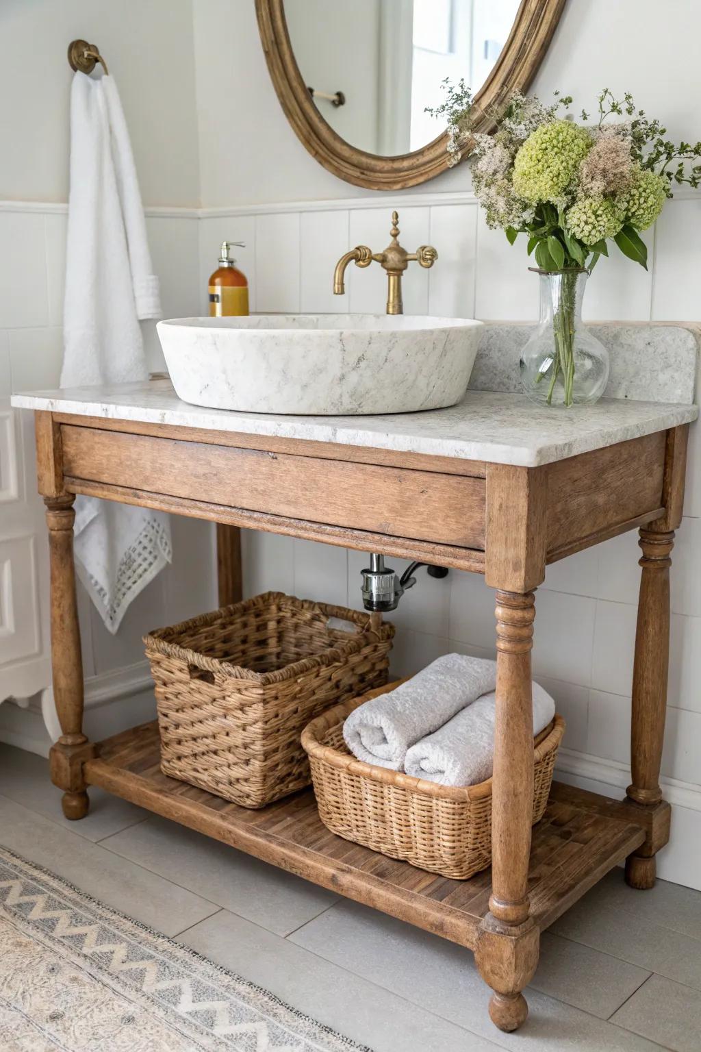 Antique console table vanity with woven baskets—pretty storage that keeps towels within reach.