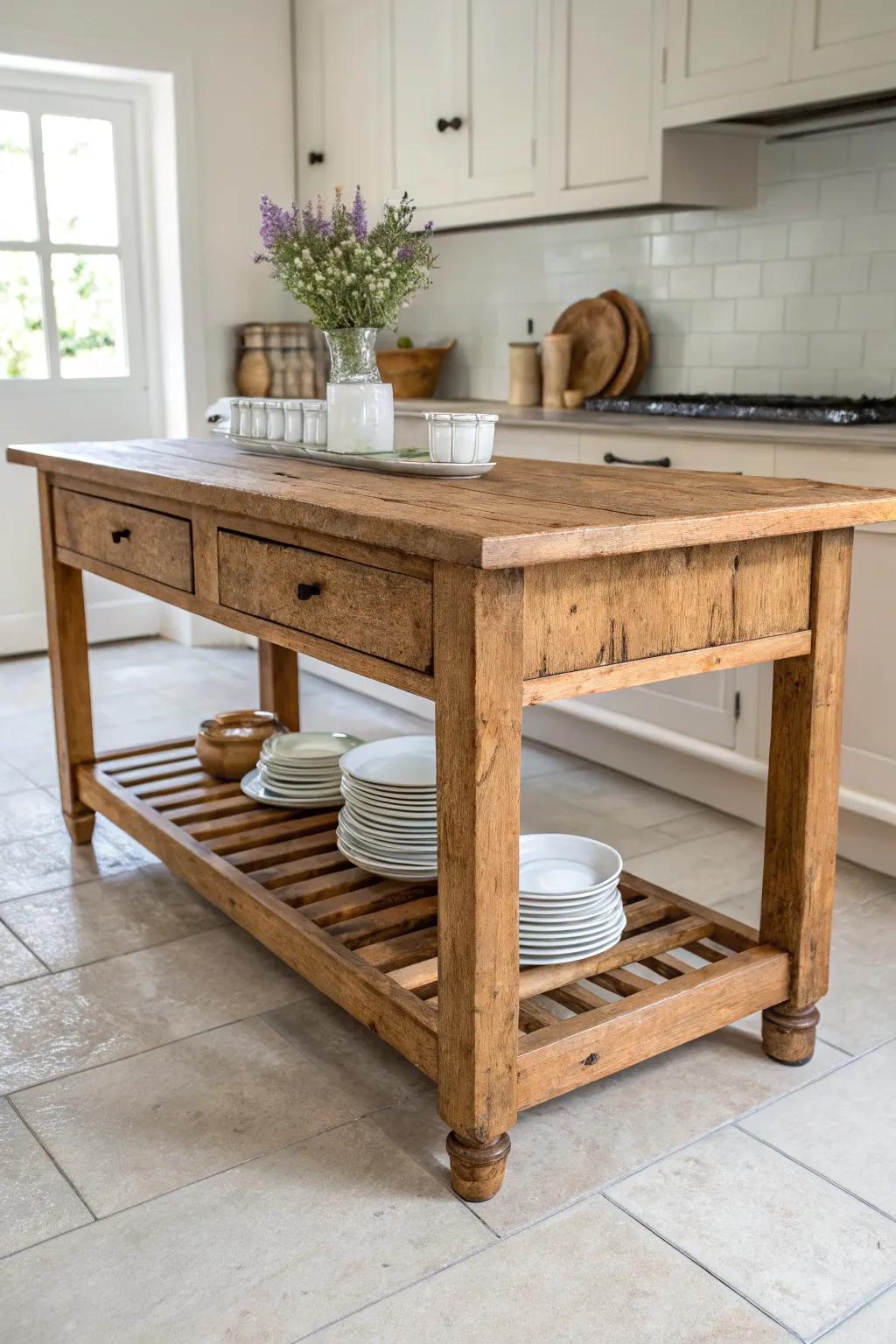 An antique wood island with a built-in plate rack shelf—simple joinery that turns dishes into decor.