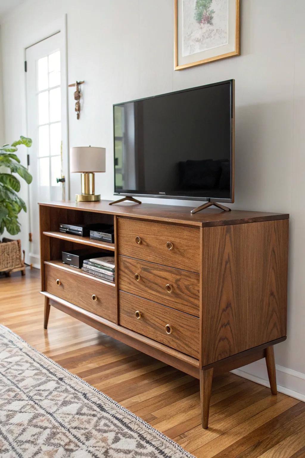 Antique dresser turned TV stand—open bay, clean cable holes, and warm wood patina.