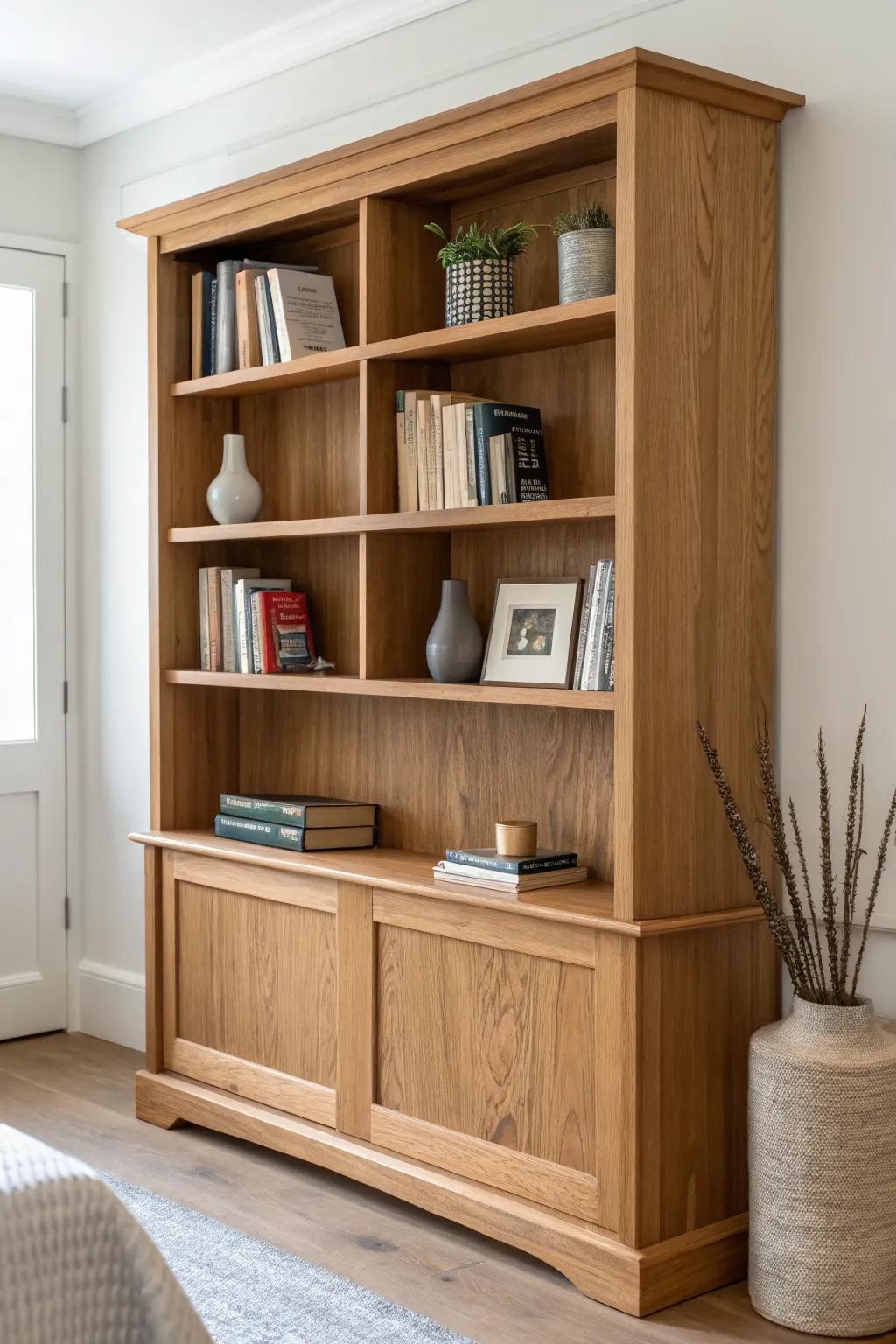 Cozy headboard library wall: slim oak shelves turn a small bedroom into a calm book fort.