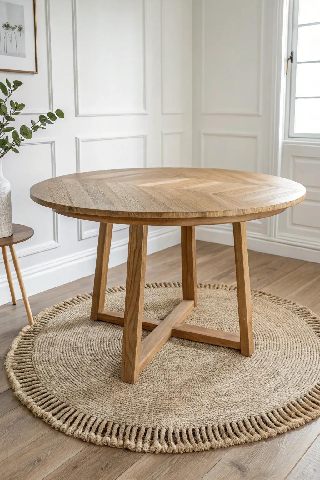 A woven rug instantly zones a tiny dining nook—warm oak + soft texture, cozy and intentional.