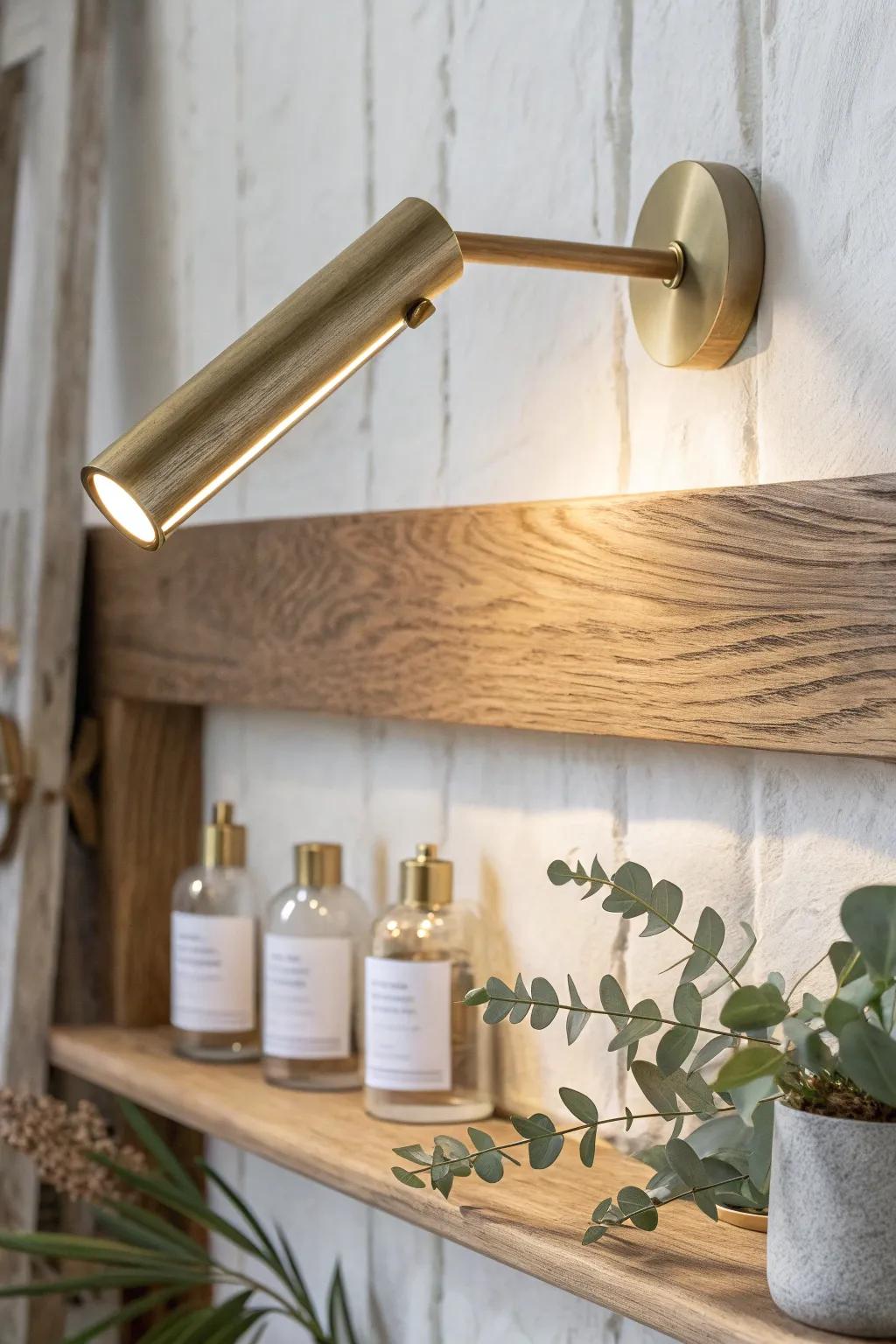 A small brass picture light makes apothecary shelves glow—turning jars into a nightly exhibit.