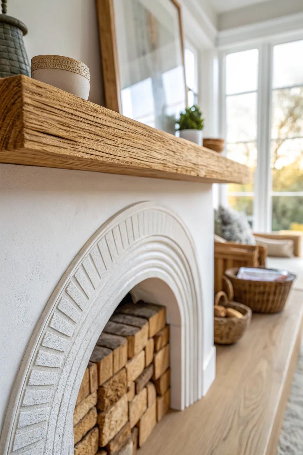 Curved laminated oak mantel tracing the arch—quietly sculptural, Scandinavian and hand-crafted.