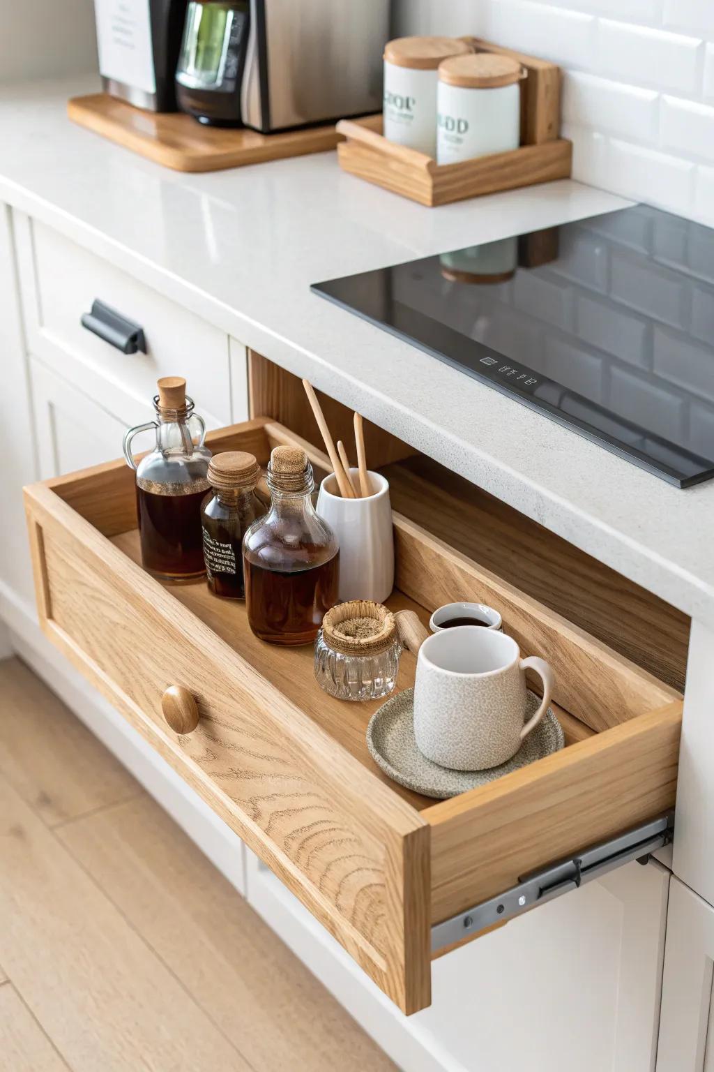 A slim slide-out caddy keeps syrups, sugar, and stirrers tidy—no tipping, no clutter.